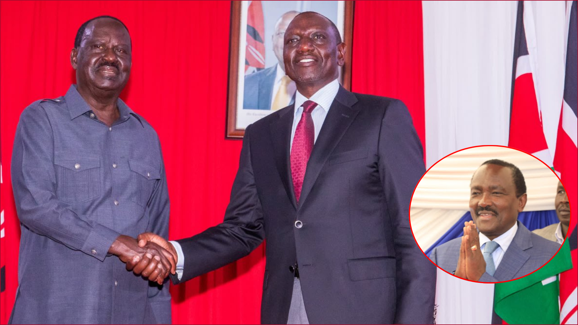 President William Ruto shakes hands with forme prime minister Raila Odinga. Inset: Kalonzo Musyoka.